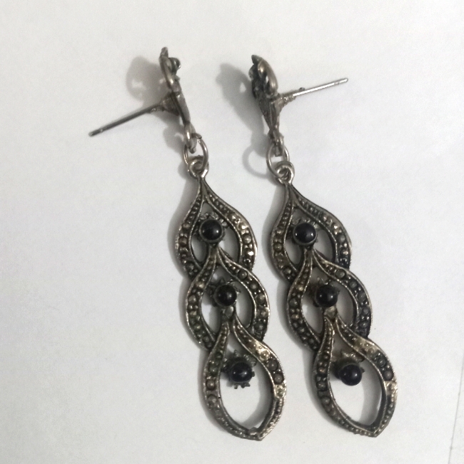 Vtg Onyx, Marcasite, & Moonstone Victorian 3 Tier Silver Earrings. Size: 2